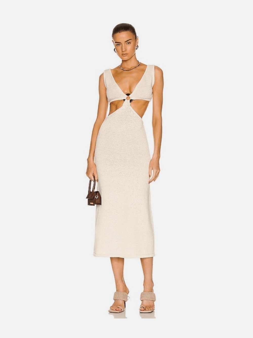 Cream Cutout Midi Bank Knit Dress with Ring Detail